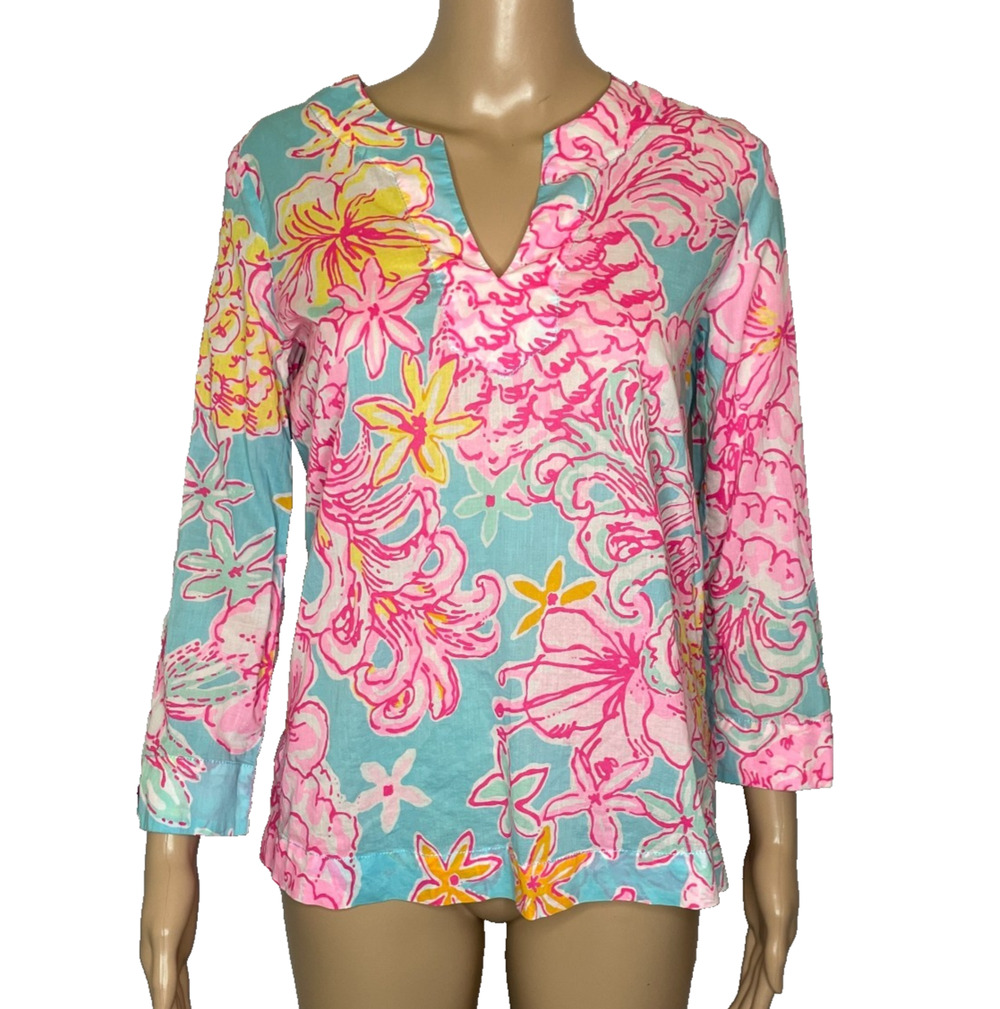 Women's XS 100% Cotton Lilly Pulitzer Amelia Island Floral Tunic Blouse